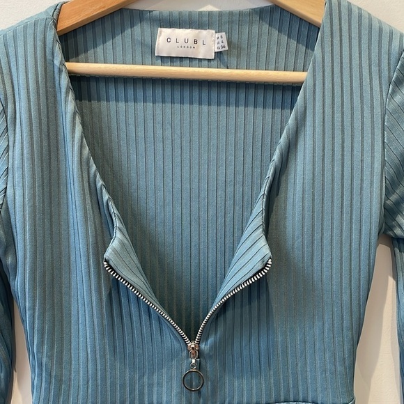 Club L London ASOS Jumpsuit Romper Plunge Zipfront Wide Leg Rib Knit Blue 4 - Picture 7 of 9